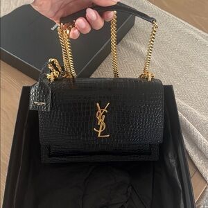 Saint Laurent Medium Sunset Black Croc Shoulder Bag with Gold Accents